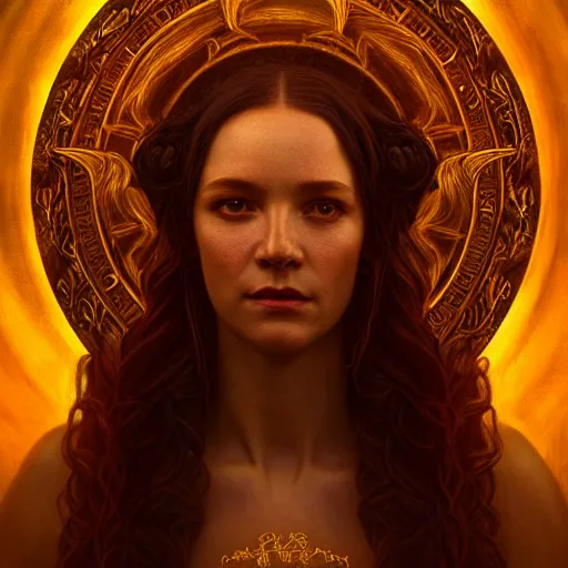 Image similar to majestic gracious deity hekate portrait, ancient greece, elysium, atmospheric lighting, painted, intricate, volumetric lighting, beautiful, rich deep colours masterpiece, golden hour, sharp focus, ultra detailed, by leesha hannigan, ross tran, thierry doizon, kai carpenter, ignacio fernandez rios