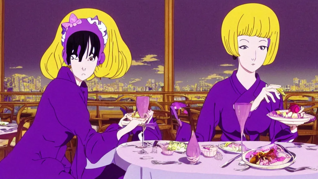 Prompt: a woman wearing a purple dress and wearing a purple slug mask eating dinner at a fancy French restaurant in Tokyo, anime film still from the an anime directed by Katsuhiro Otomo with art direction by Salvador Dalí, wide lens