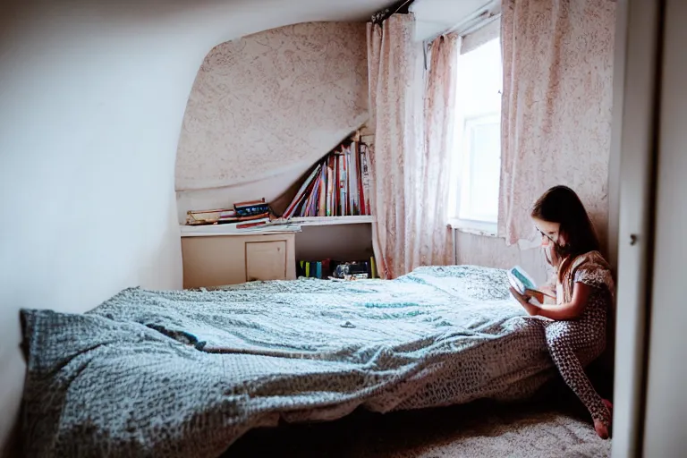 Image similar to a girl reading a book on her bedroom