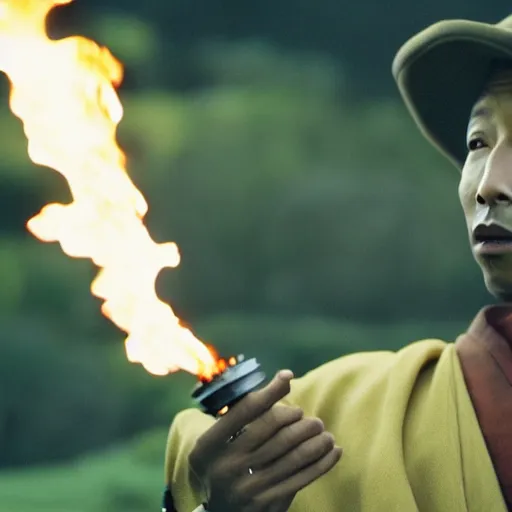 Image similar to cinematic film still Pharrell Williams starring as a Samurai holding fire, Japanese CGI, VFX, 2003, 40mm lens, shallow depth of field,film photography