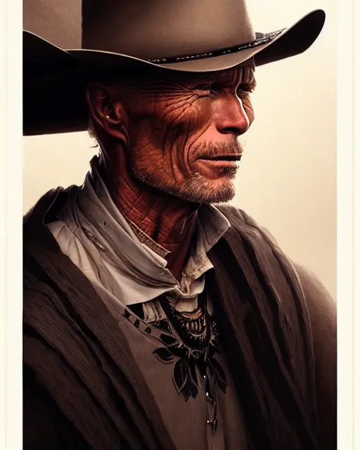 Prompt: ed harris portrait, intricate western designs, elegant, highly detailed, sharp focus, art by artgerm and greg rutkowski and wlop