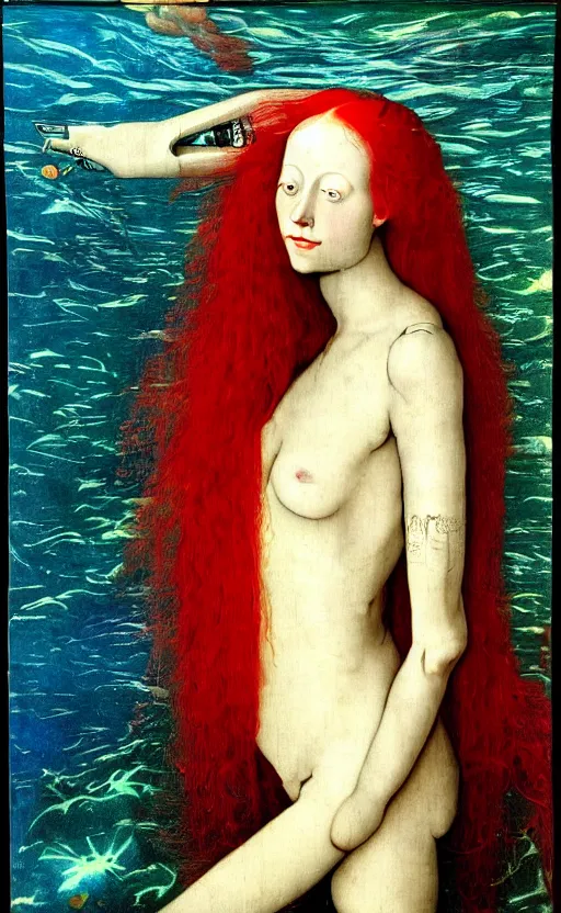 Image similar to portrait of a robot girl with long red hair and tattoo, under water, very beautiful enga style, girl wrapped in color, photorealism albrecht durer george copeland ault