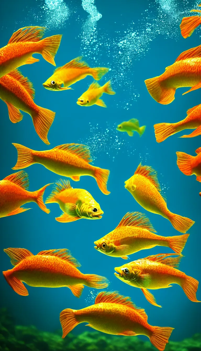 Image similar to highly detailed photo of beautiful five colorful gold fish under water, hyper realistic, concept art, 8 k detail post - processing