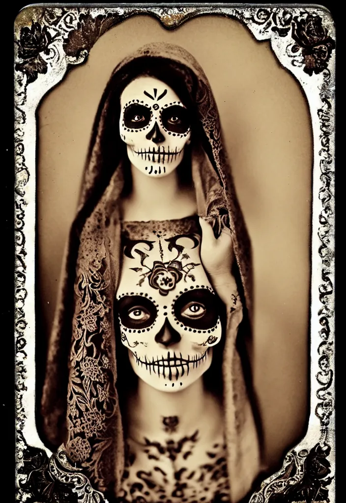 Image similar to tintype full body view, one womanvirgin mary, dia de muertos dress and make up, intricate, highly detailed,