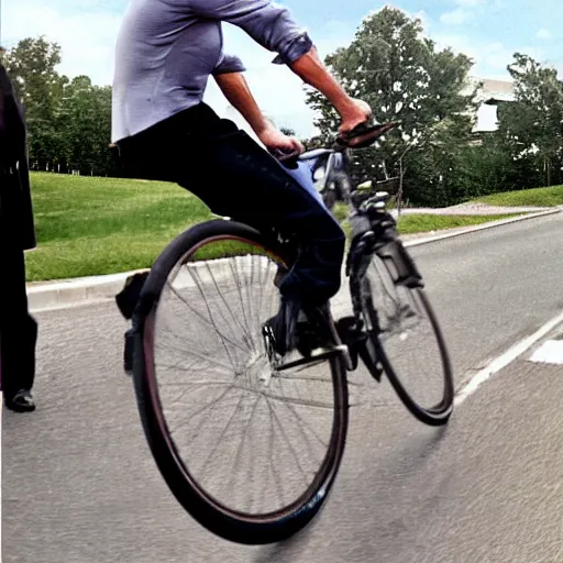 Image similar to ultra realistic photo of joe biden falling off of his bike, film, perfect face, in the style of a candid photo