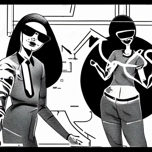 Image similar to twin sister models hacking into the mainframe of the pentagon, in the style of jamie hewlett and riyoko ikeda, black and white, photorealistic, epic, super cool