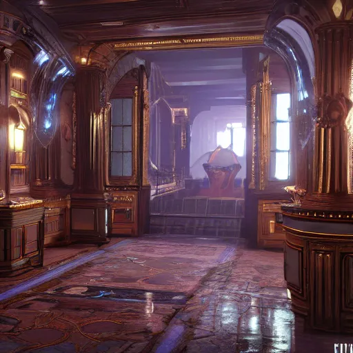 Image similar to futuristic Victorian era interior design artstation, 8k unreal engine