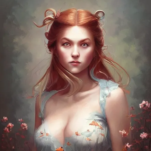 Prompt: a beautiful painting of a smiling young mother with auburn side braid and tired hazel eyes representative of the art style of artgerm and wlop and peter mohrbacher, portrait