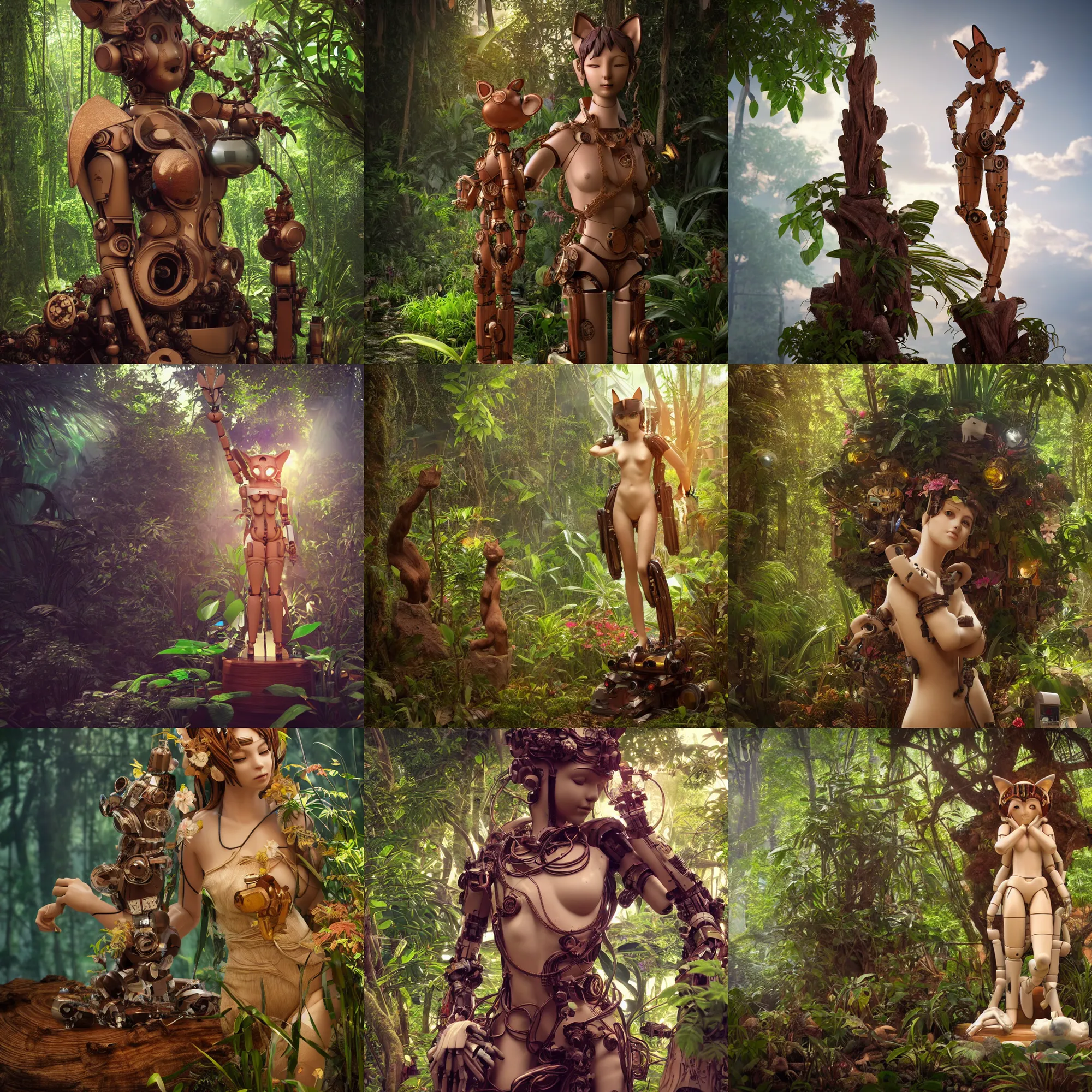 Prompt: 3 d octane render, ultra photorealistic, 8 k hyper detailed image, a beautiful wooden statue of a figurine of a robot wood with cat ears on a magic cloud, jungle forest cyberpunk, alphonse mucha