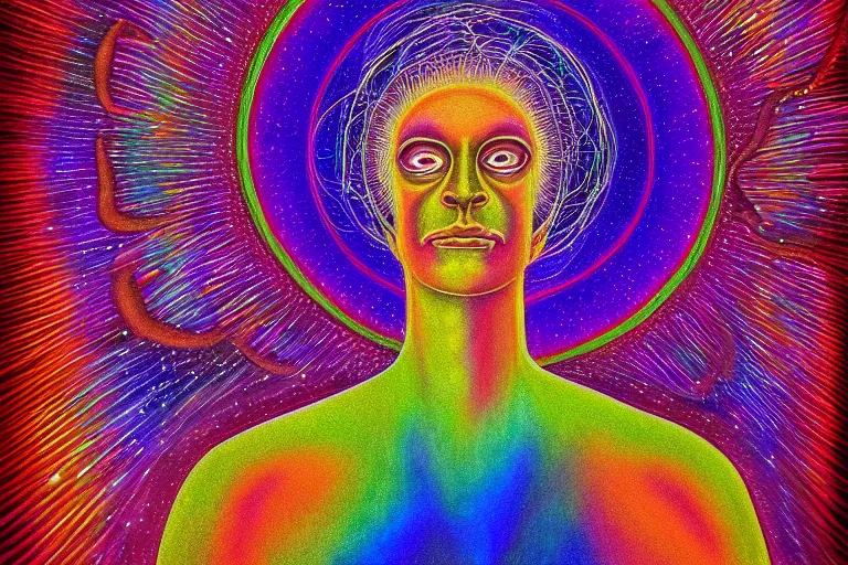 Image similar to digital art of a spiritual man looking up at the stars, glowing light, acrylic art, universe, painting, pastel colors, alex grey,