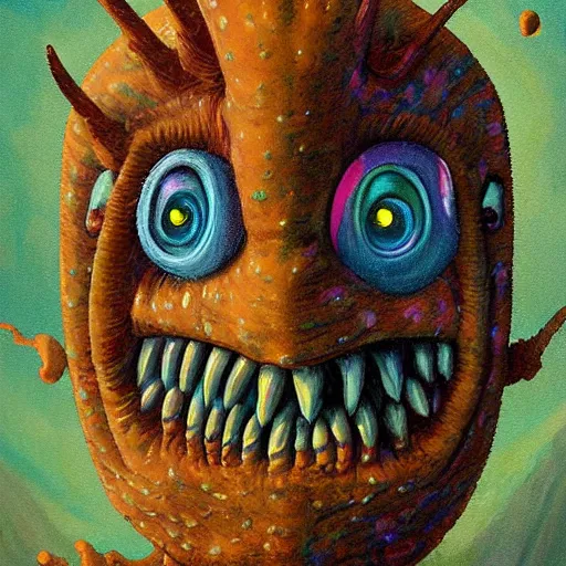 Prompt: painting of alien sponge creature that looks like spongebob, in the style of wayne barlowe