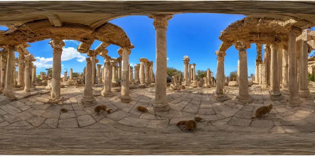 Prompt: Seamless Equirectangular projection of a 360 view inside a byzantine temple with rabbits roaming