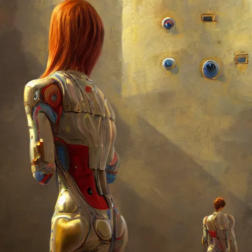 Prompt: detailed painting of a scifi bodysuit in a room full of old cmputers on the sidewalk, celestial ephemeral ornaments and greek symbols, artstation, norm rockwell, cinematic