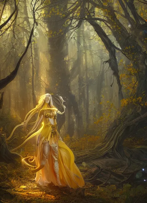 Image similar to intricate oil painting portrait by Anna Dittmann depicting a stunning female fantasy cleric in a bright temple surrounded by yellow spring forest and dead trees, evening, atmospheric lighting, intricate detail, cgsociety, hyperrealistic, octane render, RPG portrait, ambient light, dynamic lighting