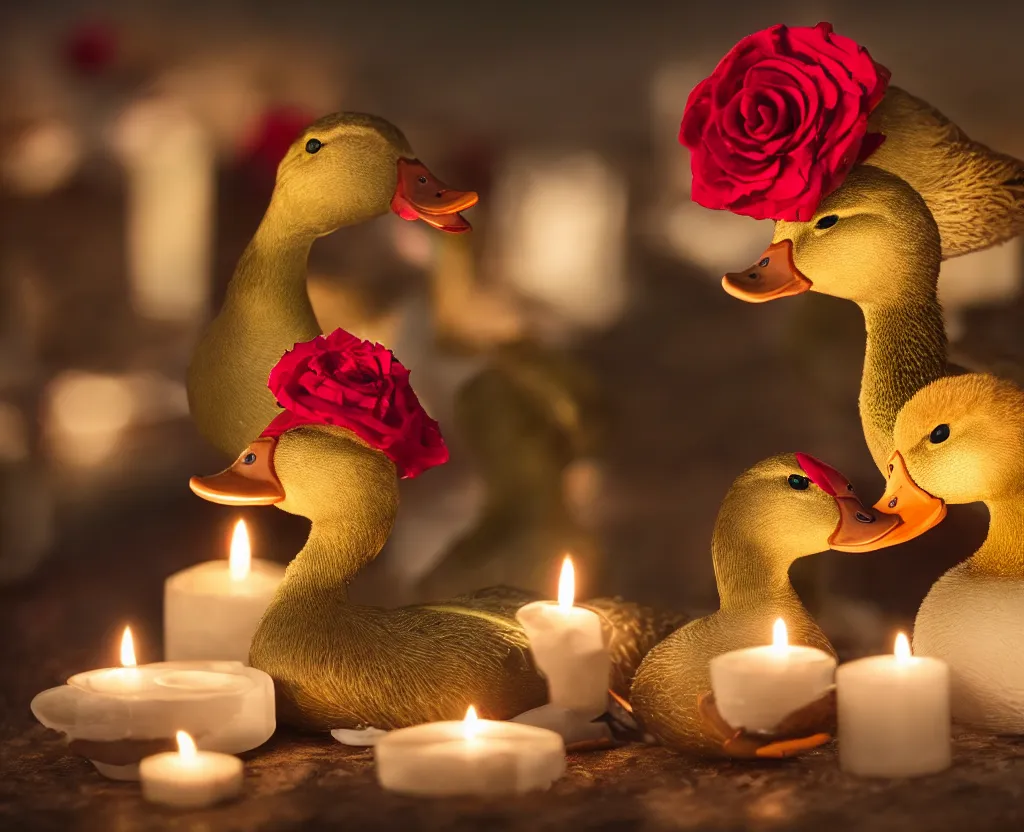 Image similar to two ducks with funny hats on their heads having a romantic dinner with candles champagne petals roses, highly detailed, 8 k ultrahd hd resolution