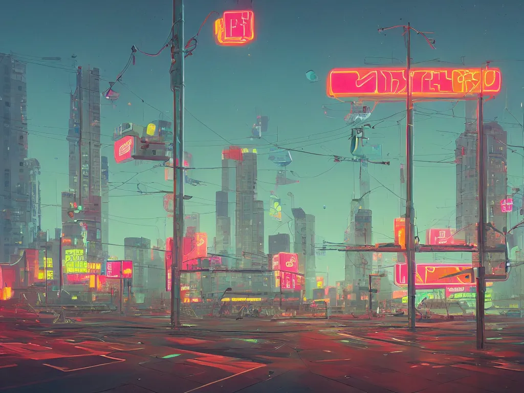 Prompt: tall futuristic buildings, billboards and neonsigns by Yusei Uesugi and Simon Stålenhag