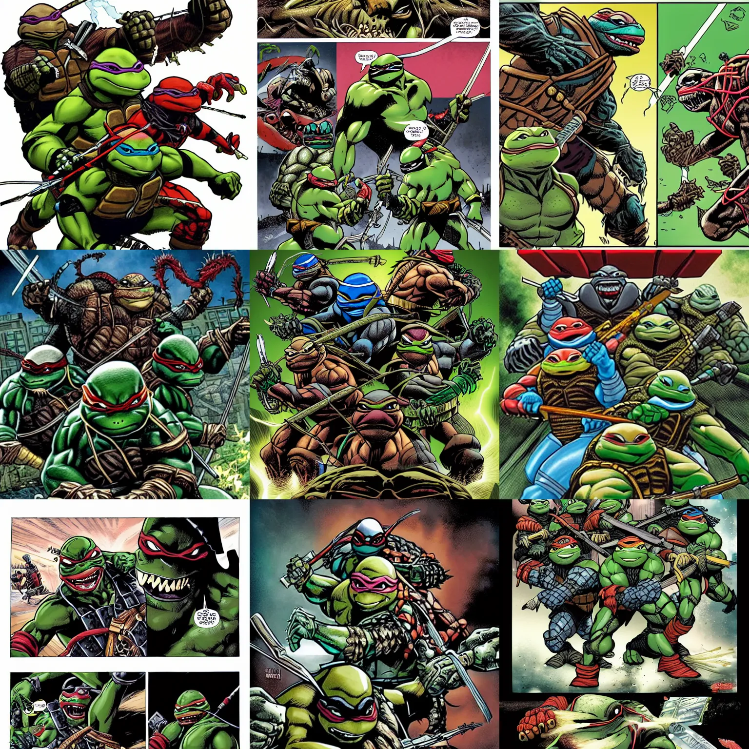 Prompt: the ninja turtles versus the predator