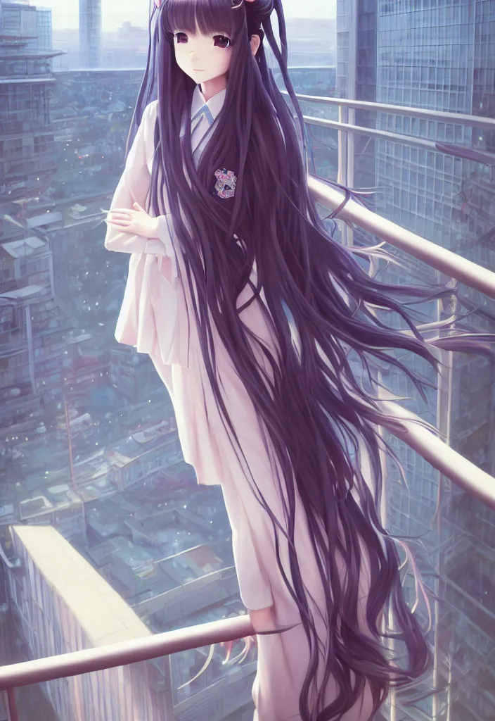 Image similar to beautiful full body portrait of a lone anime female with long flowing hair, wearing Japanese school uniform, standing on a balcony overlooking downtown Tokyo, D&D, fantasy, intricate, elegant, highly detailed, digital painting, artstation, concept art, smooth, sharp focus, illustration, art by ilya kuvshinov and WLOP and Ruan Jia and Krenz Cushart and greg rutkowski and alphonse mucha