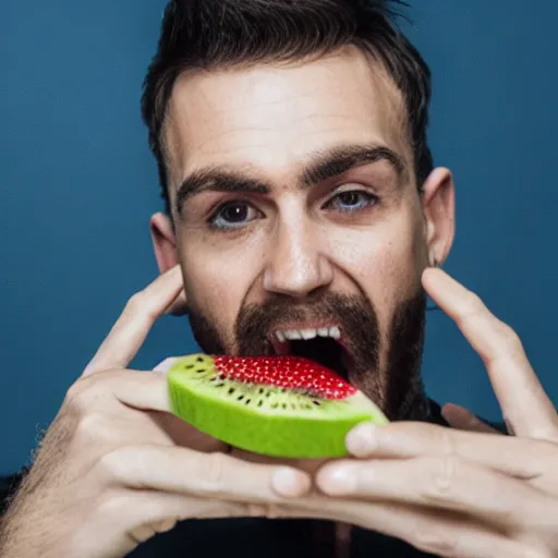 Image similar to man eating fruit made out of paper