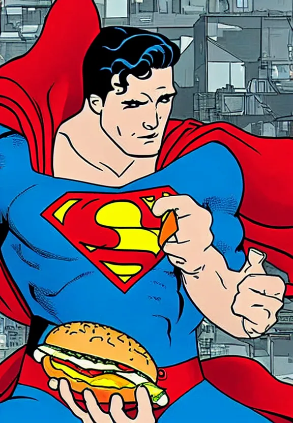 Image similar to superman eating a hamburger in his fortress of solitude