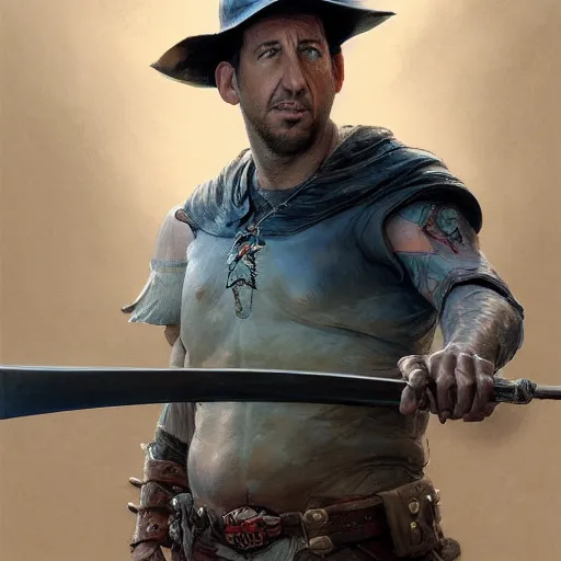 Prompt: portait of a adam sandler swinging his long sword, front game card, drark, marvel comics, dark, intricate, highly detailed, smooth, artstation, digital illustration by ruan jia and mandy jurgens and artgerm and wayne barlowe and greg rutkowski and zdislav beksinski