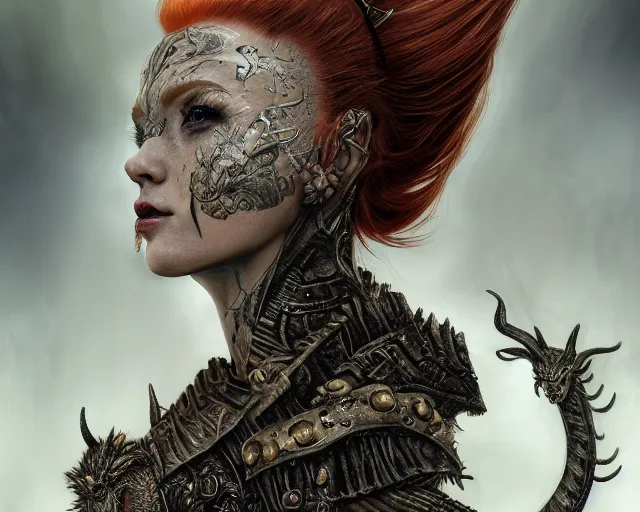 Image similar to 5 5 mm portrait photo of an armored gorgeous anesthetic redhead woman warrior with a face tattoo and horns growing from her head, and small dragon sitting on her shoulder in a magical forest in the style of stefan kostic, art by luis royo. highly detailed 8 k. intricate. lifelike. soft light. nikon d 8 5 0. cinematic post - processing