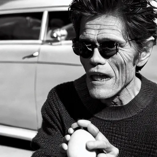 Image similar to Willem Dafoe in a sweater, with a confused face holding oranges on two outstretched hands, against the background of a retro car, focus on the foreground, realism, details,