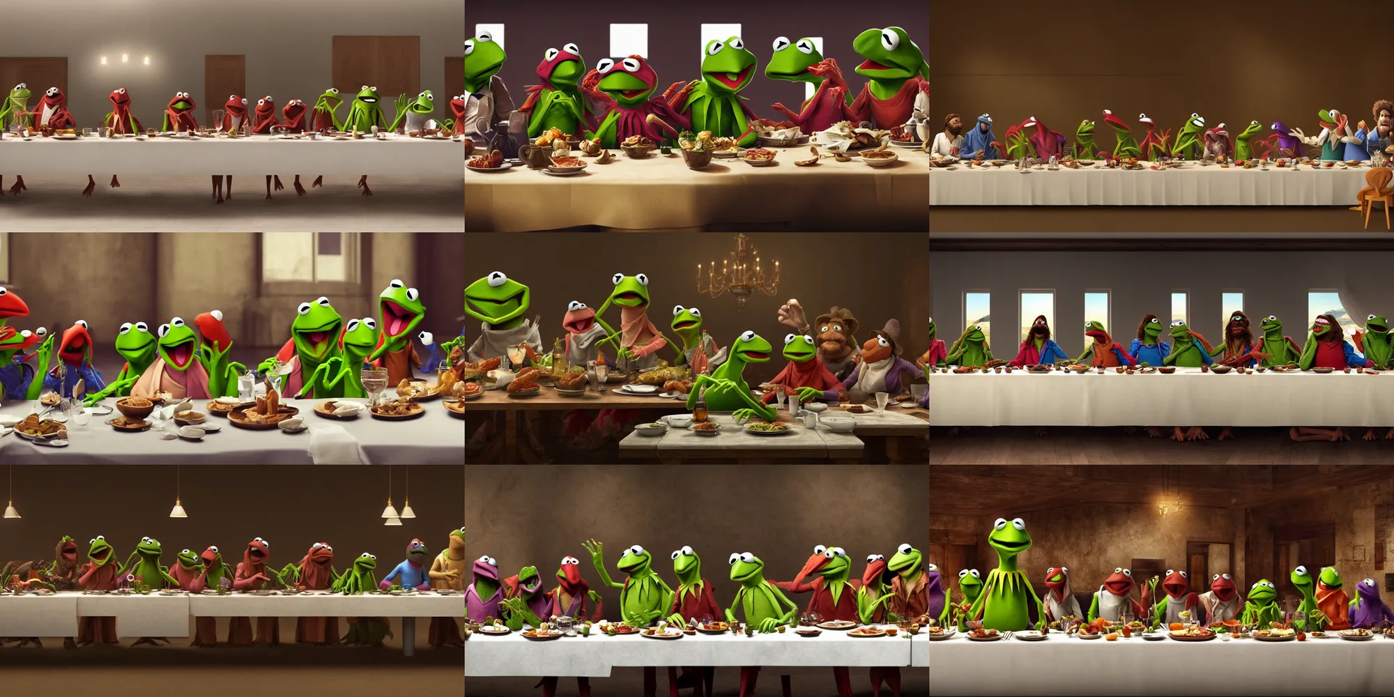 Prompt: the last supper but everyone is kermit the frog, hd, 8 k, octane render, artstation,