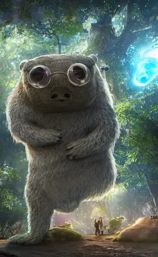 Image similar to microscopic tardigrade, treehouse, magical forest, water bear, futuristic, sharp focus, electric, backlight, furry, soft, concept art, intricate details, highly detailed, photorealistic, disney pixar, octane render, iridescent, global illumination, anime, 8 k