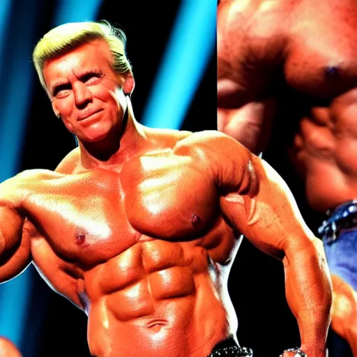 Image similar to an extremely muscular GigaChad Donald Trump flexing on stage during Mr. Universe, bright lights, highly detailed