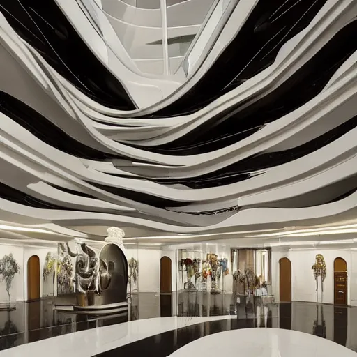 Image similar to extremely detailed ornate stunning beautiful elegant futuristic museum lobby interior by Zaha Hadid