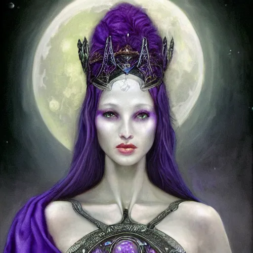 Prompt: painting of slim priestess of the moon, silver filigree armor and tiara, moon above head, purple wavy hair, smooth translucent skin, wide striking eyes, beautiful! coherent! symmetrical body, by brom, by brian froud, strong line, high contrast, muted color, 4 k, trending on artstation