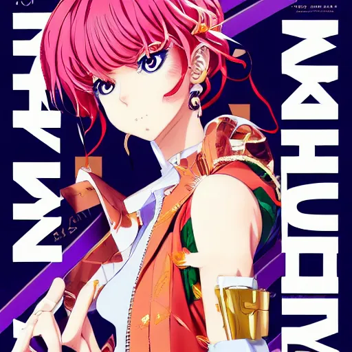 Image similar to Magazine Cover Anime key visual of a Gucci girl; official media; typography; drawn by Hirohiko Araki; Jojo's Bizarre Adventure; Jojolion, portrait, made by Stanley Artgerm Lau, WLOP, Rossdraws, James Jean, Andrei Riabovitchev, Marc Simonetti, Yoshitaka Amano, ArtStation