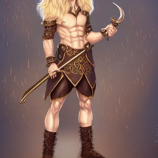 Image similar to a refined dnd satyr with flowy blonde hair, very confident wearing some leather armor and a set of pan flutes, very fancy, refined materials, trending on art station, digital art, airbrush