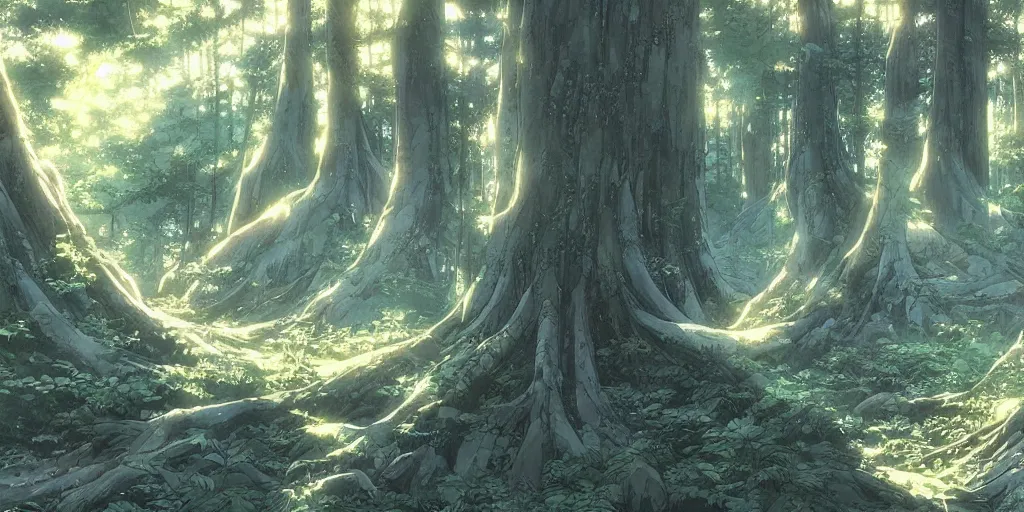 Prompt: ancient forest, art by makoto shinkai and alan bean, yukito kishiro