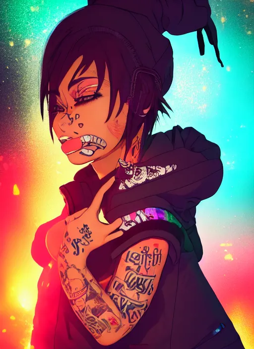 Image similar to graffiti of a streetwear anime style mixed woman wearing thick mascara, crying, a city on fire in the background, police lights shine on her face, tattoos, dark glitter, Cinestill 50d, 4k, 8k, hd, full color, octane render, trending on artstation, highly detailed