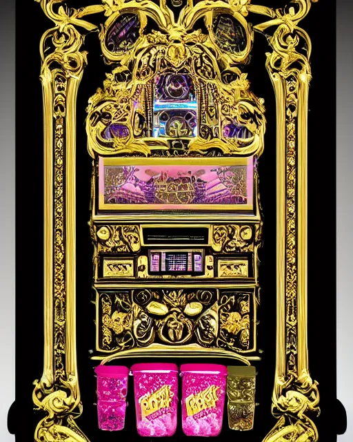 Prompt: baroque rococo-style bedazzled gothic royalty frames surrounding an slots pinball machine of pixelsort energy drink made out of glowing ooze, radioactive candy worms, and fairy magick.