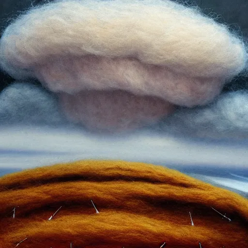 Prompt: a needle felting of an oncoming storm by michael whelan