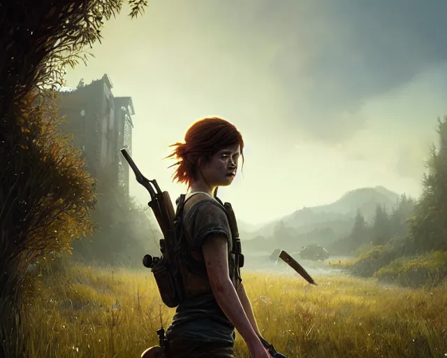 Image similar to highly detailed portrait of jessie buckley, in the last of us, stephen bliss, unreal engine, fantasy art by greg rutkowski, loish, rhads, ferdinand knab, makoto shinkai and lois van baarle, ilya kuvshinov, rossdraws, tom bagshaw, global illumination, radiant light, detailed and intricate environment