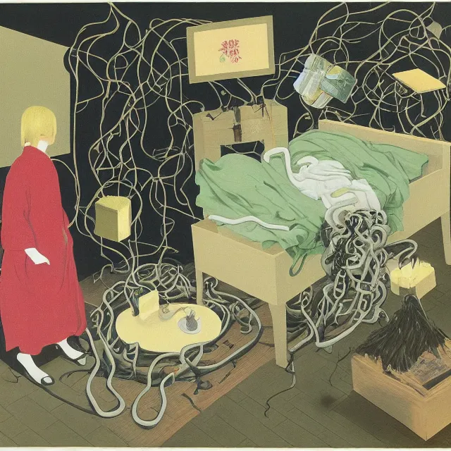 Image similar to a female emo pathology student in her apartment, wrapped in vines, medical equipment, candles, octopus, japanese tea ceremony, pig, black walls, ikebana, black armchair, sculpture, acrylic on canvas, surrealist, by magritte and monet