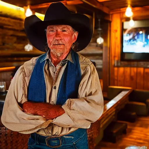 Image similar to an old western cowboy in a modern bar, realistic