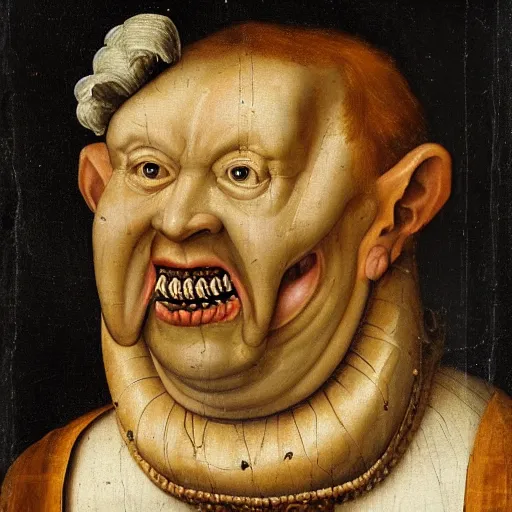 Prompt: dutch renaissance portrait painting of distorted humanoid monster, swollen skin with apelike face human teeth