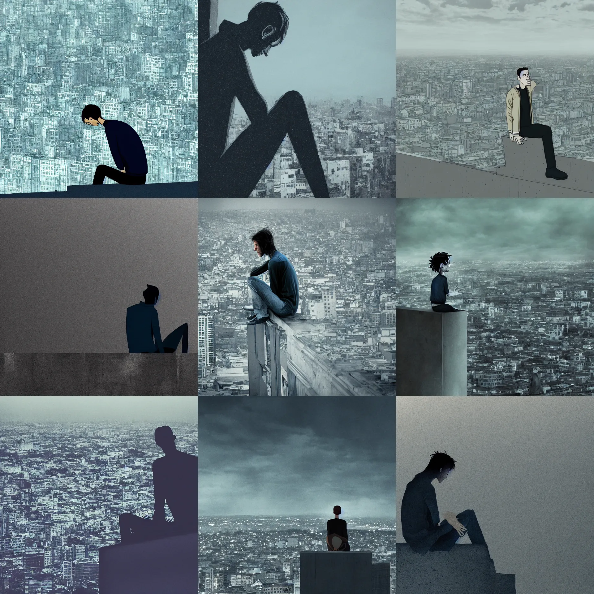 Prompt: close up side view of a skinny, gaunt, sad man sitting at the edge of a very high building, looking at the city, crying, dramatic lighting, digital art, animated style, blue grey palette color, Tim Burton's style