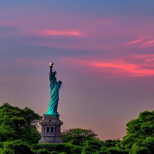 Image similar to stunning photorealistic sunset over statue of liberty taken over by vegetation in the amazon forest