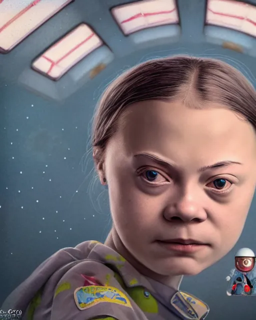 Image similar to closeup face profile portrait of greta thunberg as a soviet chernobyl space toy, bikini, depth of field, zeiss lens, detailed and intricate environment, fashion photoshoot by nicoletta ceccoli, mark ryden, lostfish, breathtaking, 8 k resolution, artistic, hyperrealistic, octane render