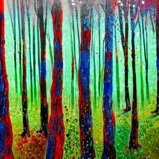 Image similar to paint splatter of a forest with green, blue, red tree trunks. acrylic of canvas, impressionist painting