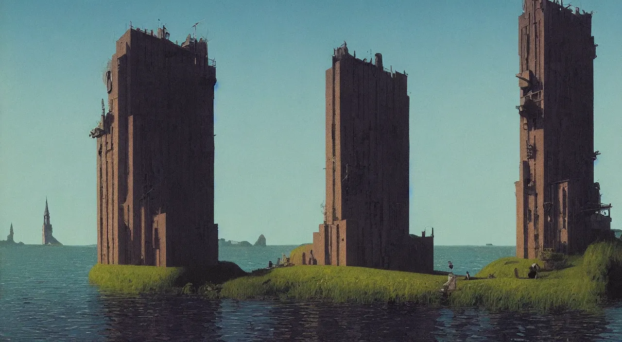 Prompt: single flooded simple flesh tower, very coherent and colorful high contrast!! masterpiece by rene magritte simon stalenhag carl spitzweg syd mead norman rockwell edward hopper james gilleard, minimalist, dark shadows, sunny day, hard lighting