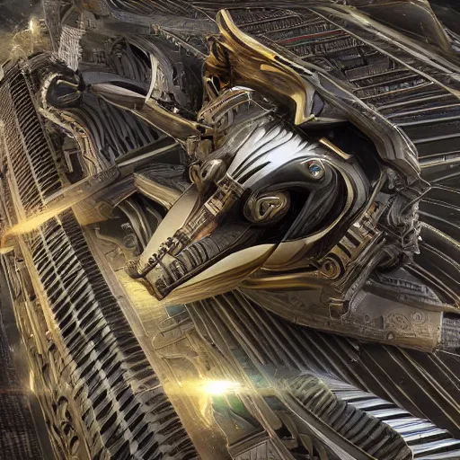 Prompt: an aerial scene of the beautiful intricate epic futuristic cybernetic sphinx, hyper detailed, cinematic lighting