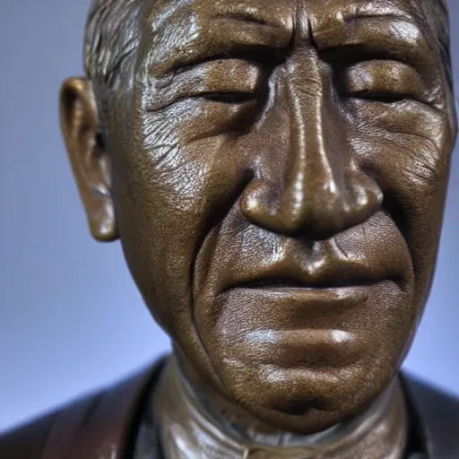 Prompt: close up shot of an old bronze statue of takeshi kitano in a museum