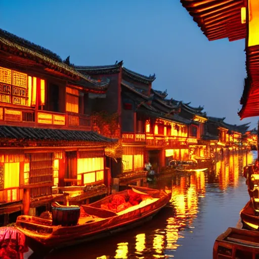 Prompt: beautiful and peaceful ancient water town in the south of china, zhouzhuang ancient town, movie style, warm color to move, boats, evening lanterns, the glow of the sunset on the water, high detailed, 4 k
